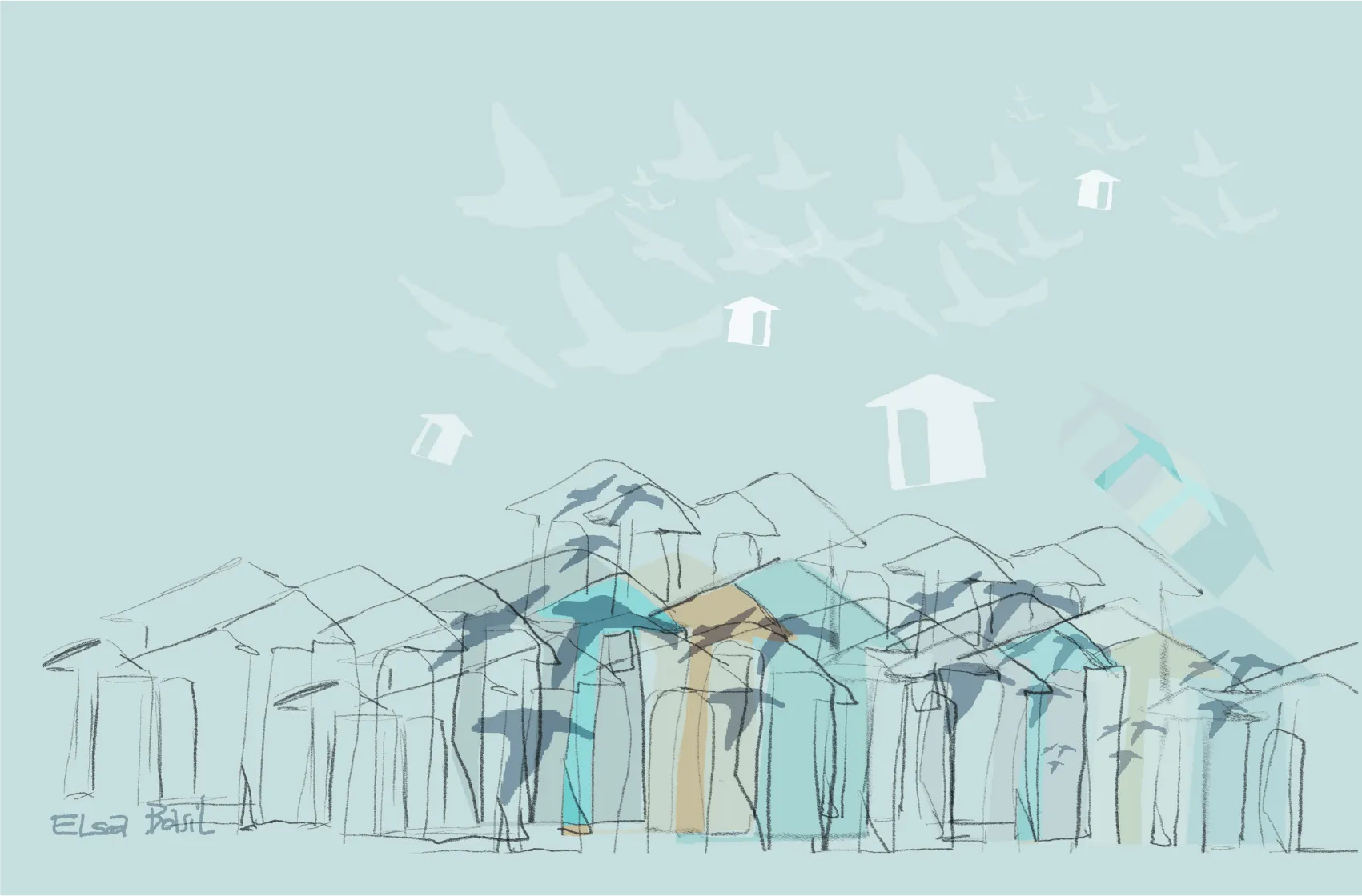 Pale birds lifting over a line of sketched houses, nearly white on white