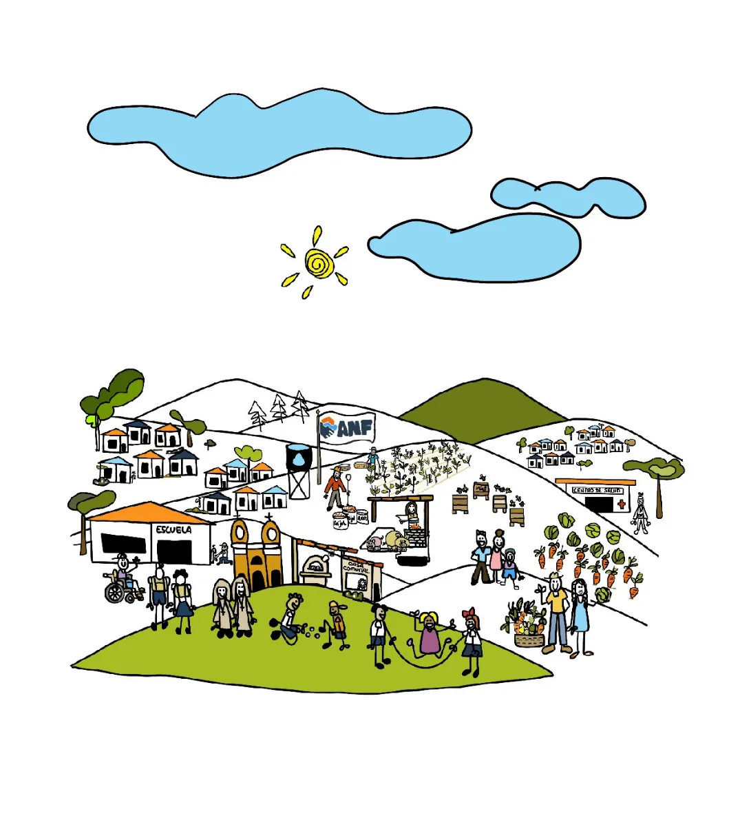 An aerial village of white houses and tiny figures across green hills, a small sun bird overhead