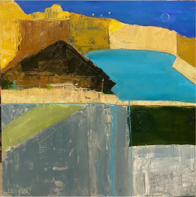 Abstract landscape in golden yellow and blue: a dark peaked form beside a pale blue pool, over grey and olive-green fields.