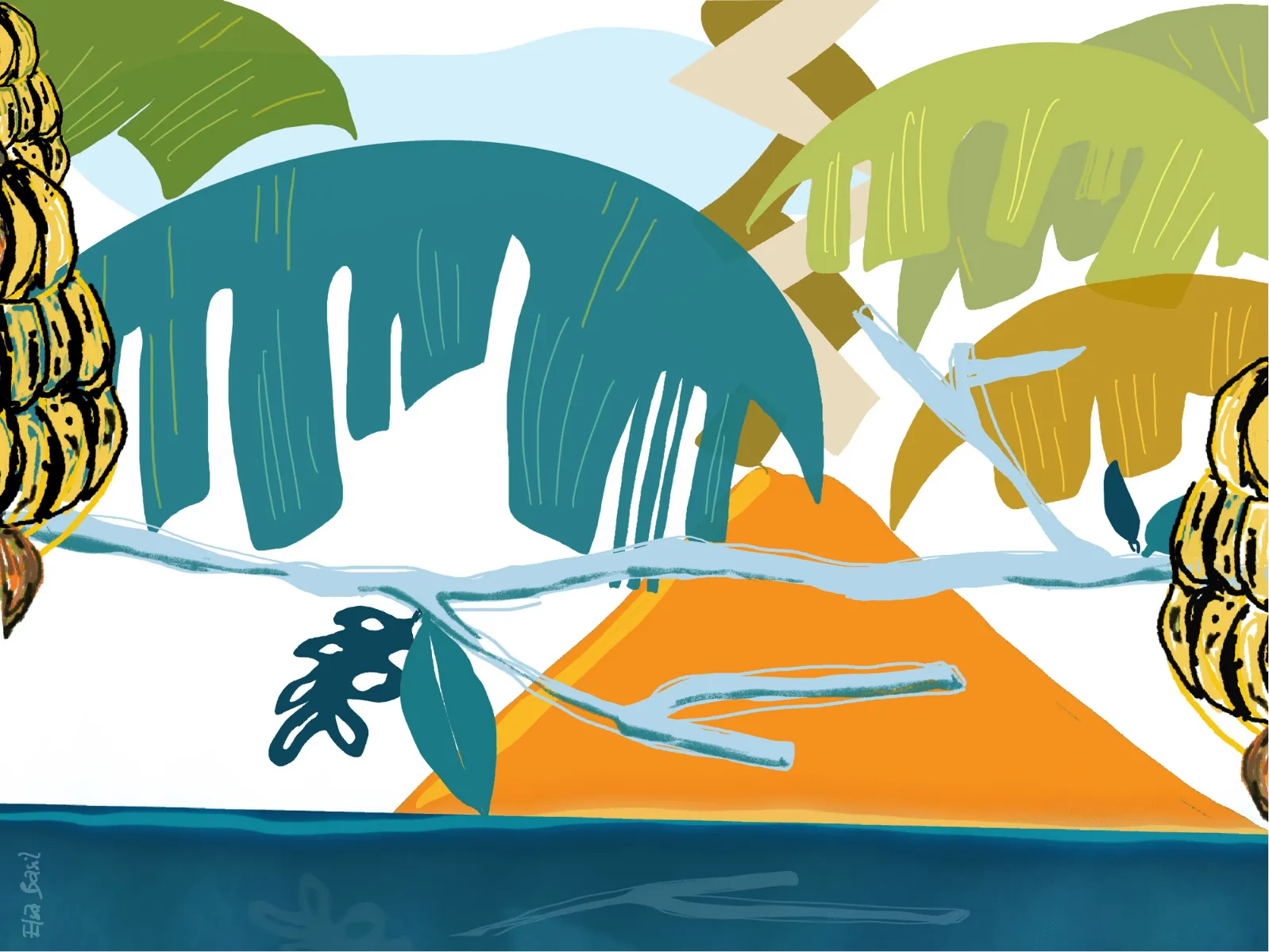 A turquoise banana grove parting around an orange path, bunches of bananas hanging overhead