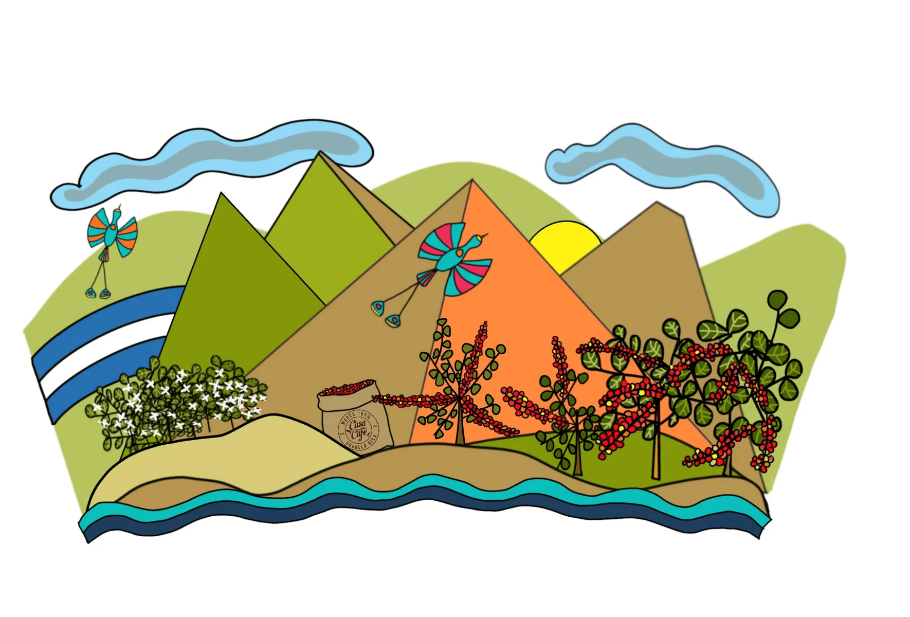 Volcanoes of coffee country with the blue and white of the flag, kite birds and red berries in the foreground
