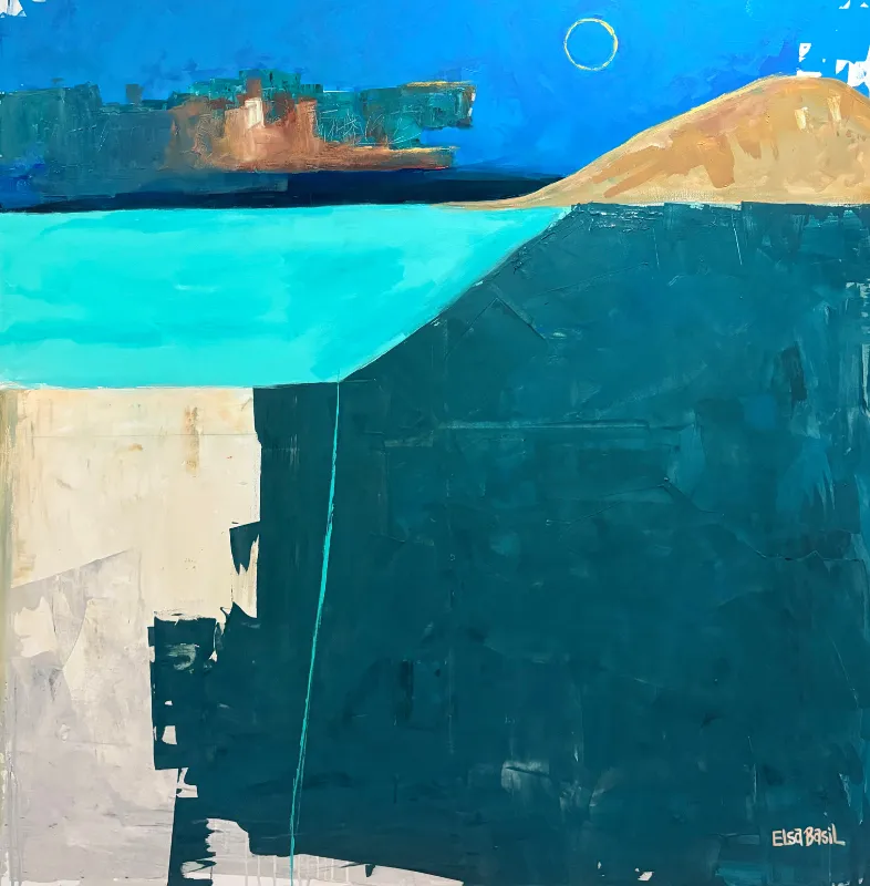 Abstract painting of a turquoise water plane meeting a pale sand rise under a deep blue band, a thin ring floating above.