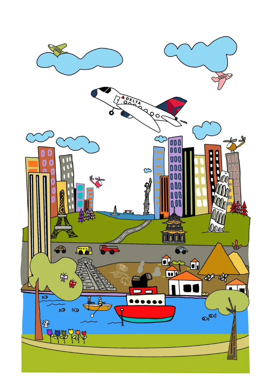 A Delta jet over illustrated Managua, towers, cathedral, a boat on the lake and busy streets in one scene