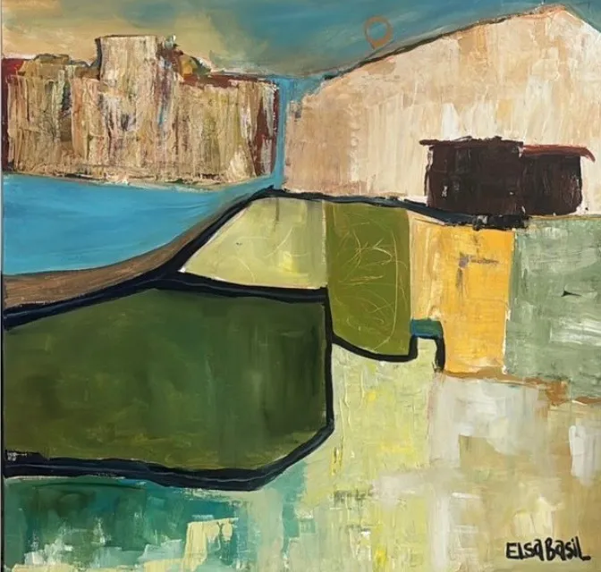 Abstract painting in soft beiges, olive greens, and a pale fall of blue water between blocky earth-toned fields.