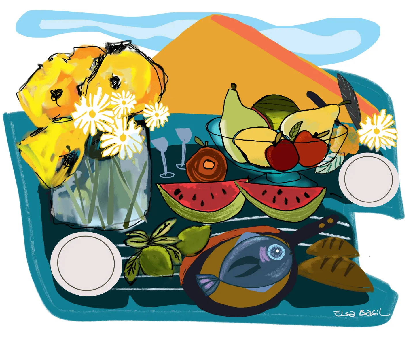A laid table by the lake, flowers, watermelon, fruit and a whole fish in loose vivid strokes
