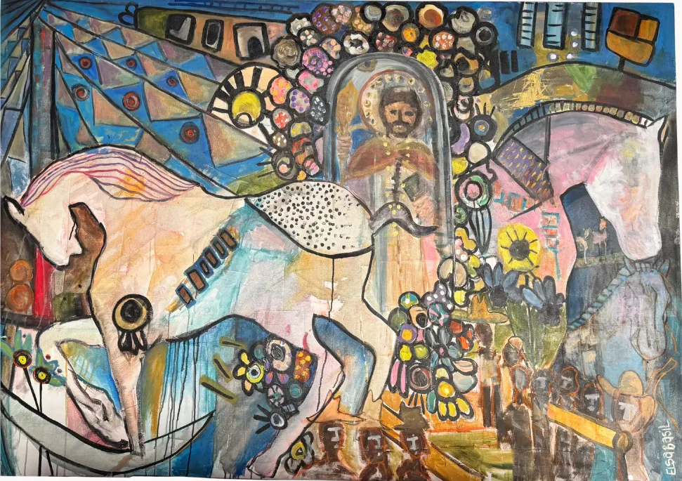 A white carousel horse surrounded by a dense field of flowers, portraits, and patterned ornament in blues and golds.