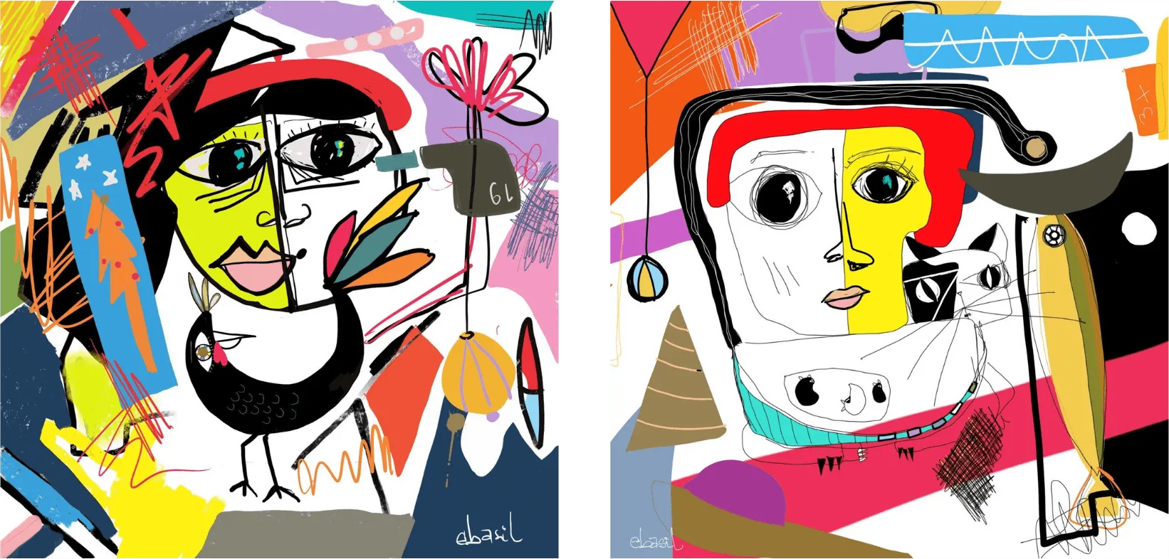 Two abstract faces side by side, built from birds, letters and fragments of color
