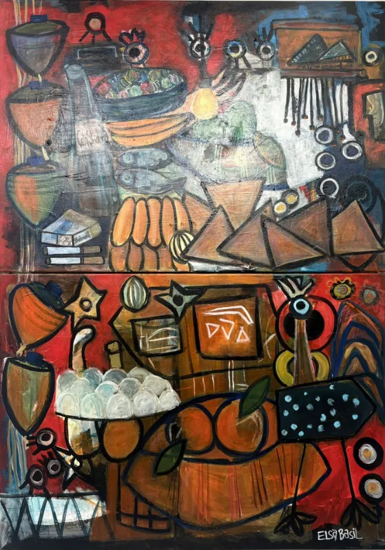 Diptych in reds and earth tones: shelves of goods, fruit, eggs, and vessels of a corner store, stacked in two panels.