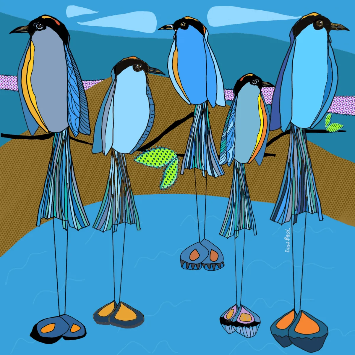 Motmot birds perched in a row over the blue water of the crater lagoon