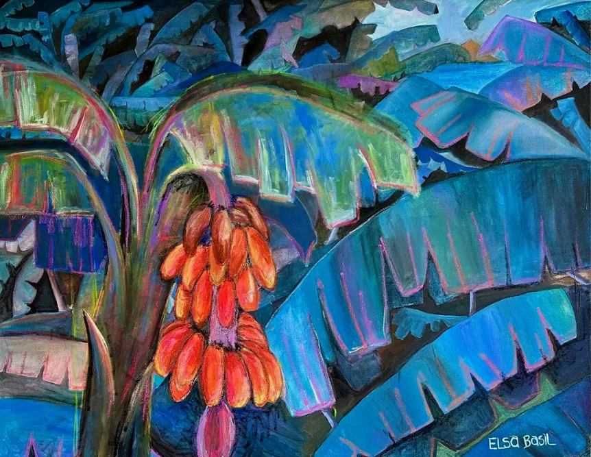 Banana leaves and a hanging cluster of red-orange bananas painted in blues, purples, and greens.