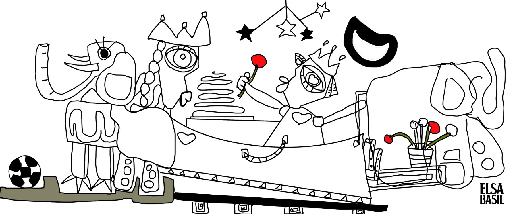 A single line circus, an elephant, a reclining figure and stars, drawn as if without lifting the pen
