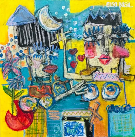 Match, a playful painting on yellow by Elsa Basil