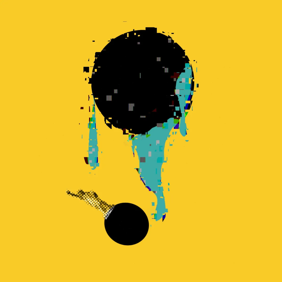 A black moon dripping teal over a yellow field