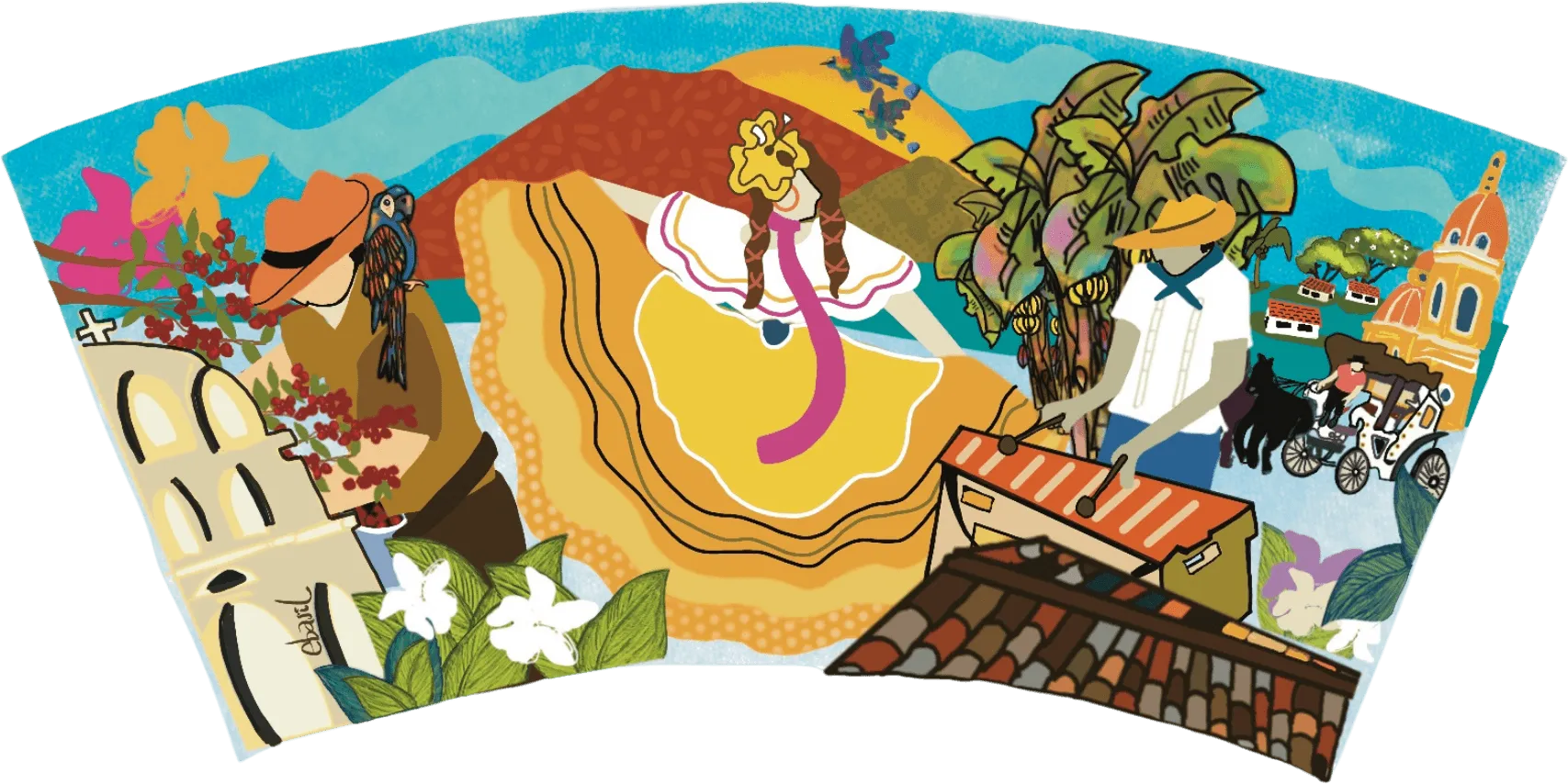 A fan shaped mug wrap of the harvest fiesta, a dancer in a swirling yellow dress among marimba, palms and a tiled village