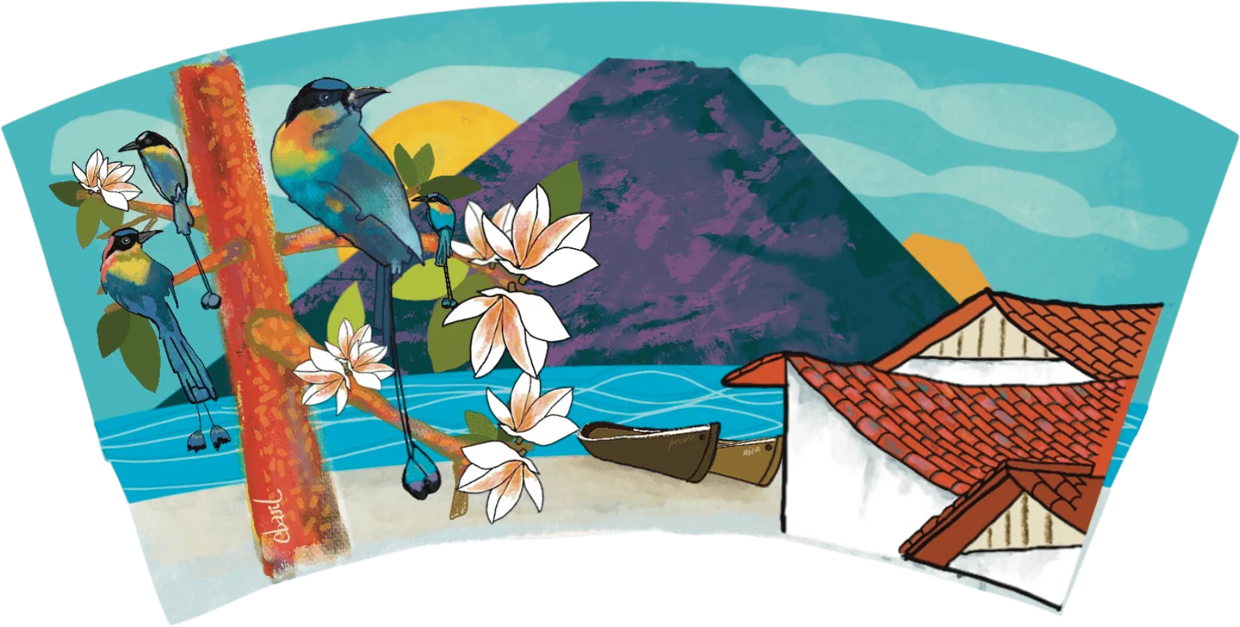 A fan shaped mug wrap of motmot birds over white sacuanjoche flowers, a violet volcano across the lake