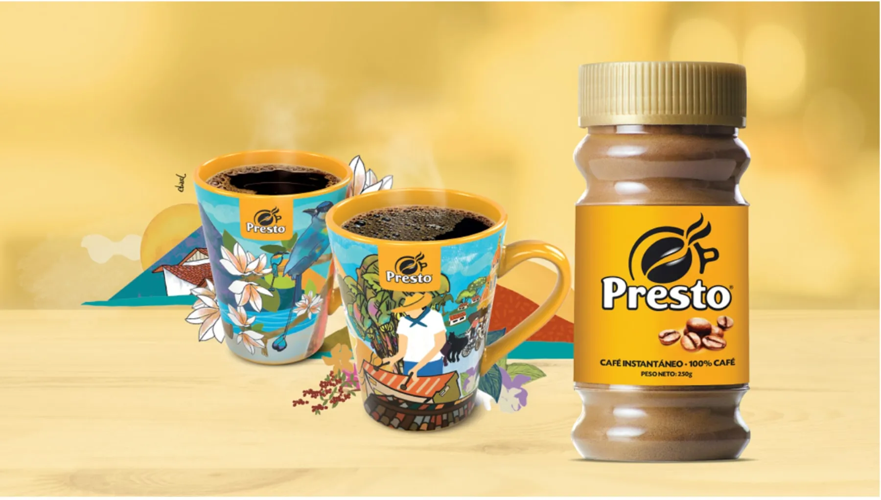 Two illustrated ceramic mugs of black coffee beside a jar of Café PRESTO on a warm yellow ground