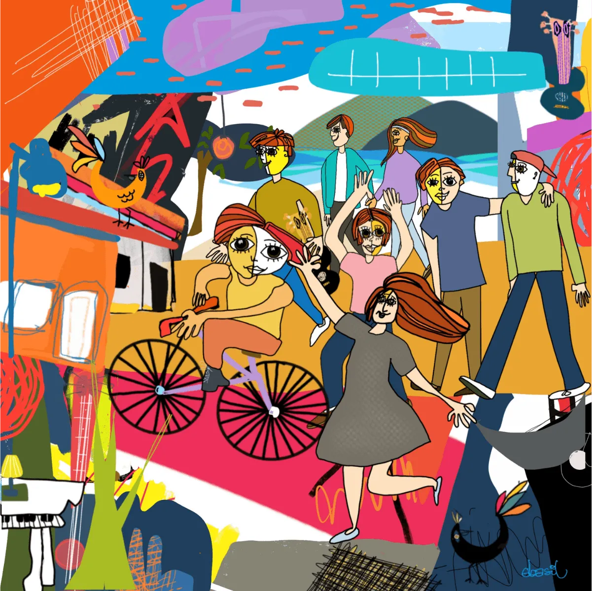 A crowded street festival in flat vivid color, dancers, a penny farthing bicycle, a rooster on a roof