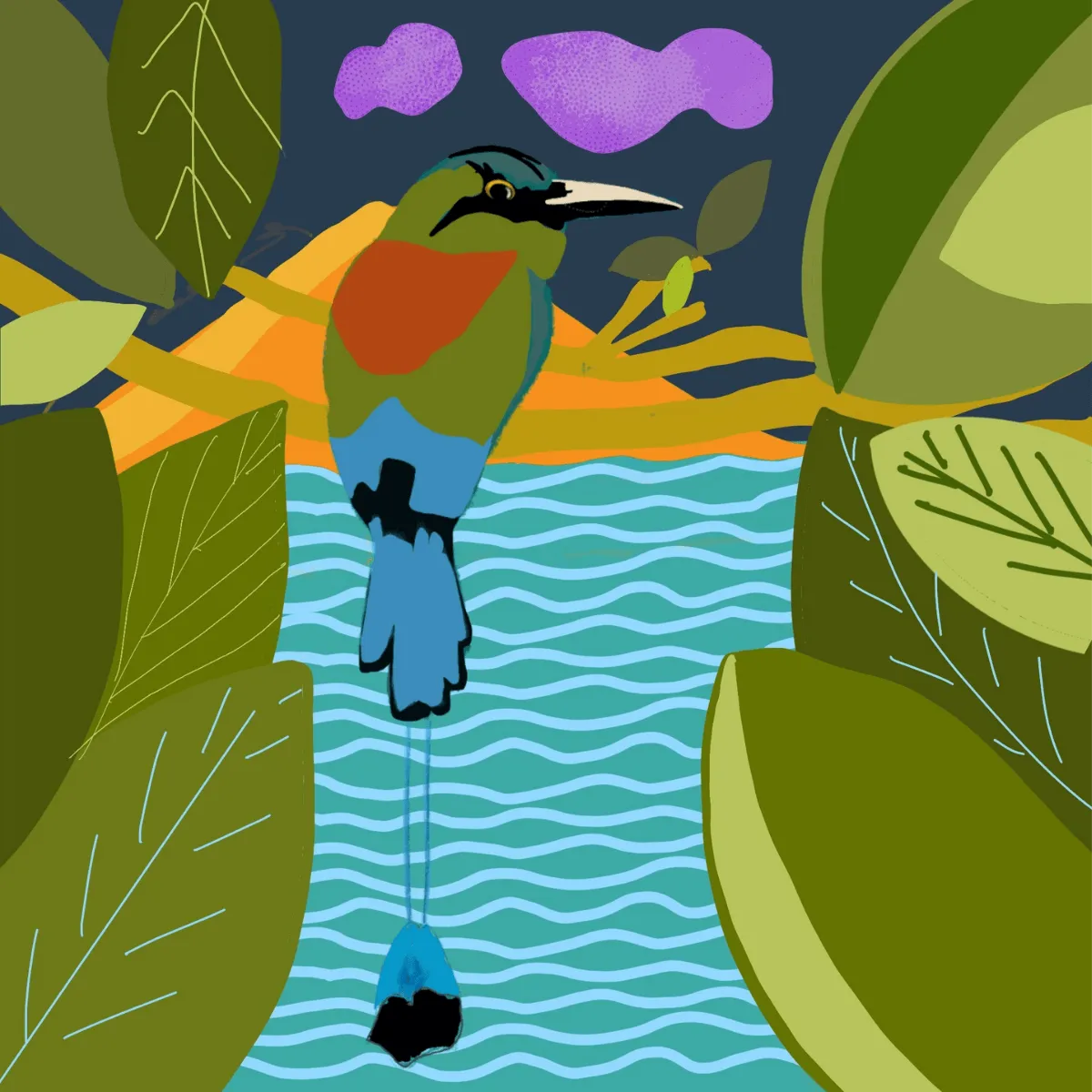 A motmot diving between huge leaves toward the wavy blue of the river