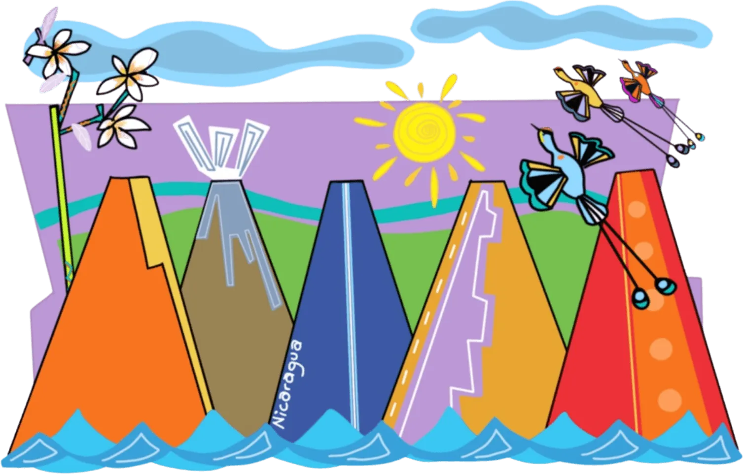 Five volcanoes in flat orange, blue and violet rising over scalloped teal water under a spiral sun
