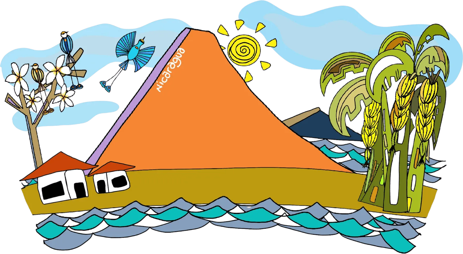 An orange volcano over scalloped water, banana palms and a tiled house at its base