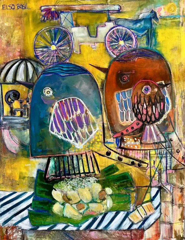 Two bird-like figures with patterned feather bodies among cart wheels, an umbrella, and plates of food, in ochres and warm yellows.