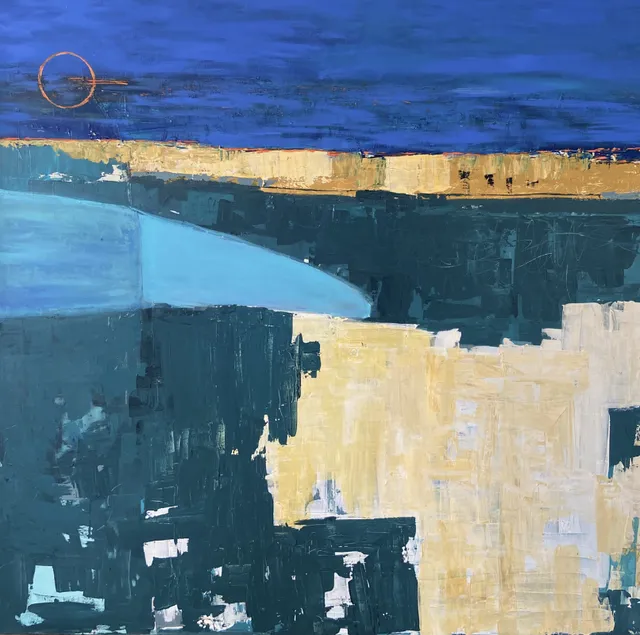 Abstract painting in night blue, turquoise, and pale sand, a thin copper circle floating in the deep blue upper band