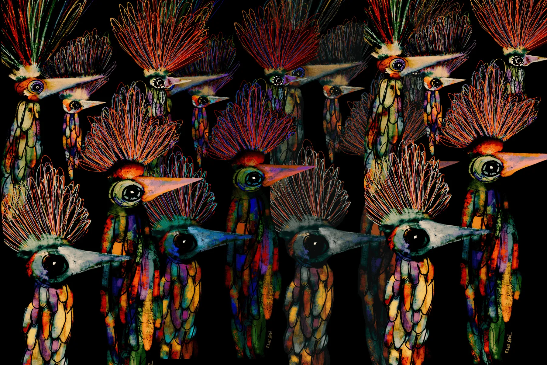 A night flock of feathered creatures in electric color against the dark