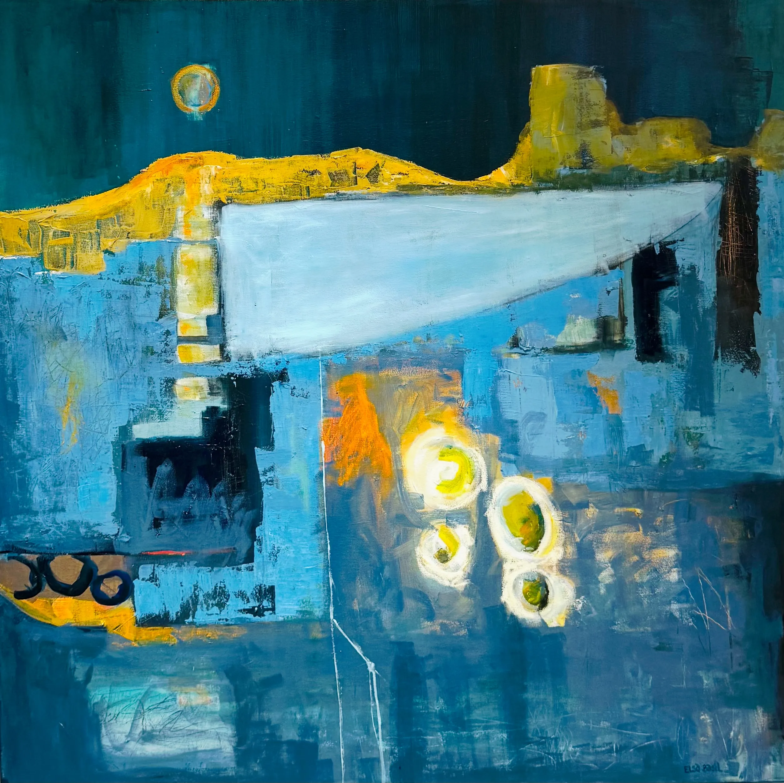 Abstract painting of a pale wedge of horizon crossing teal and blue depths, a small sun over a golden ridge
