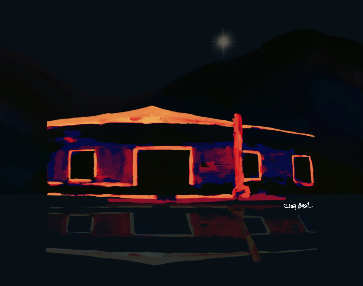 A house glowing neon red and blue in the night, one star above